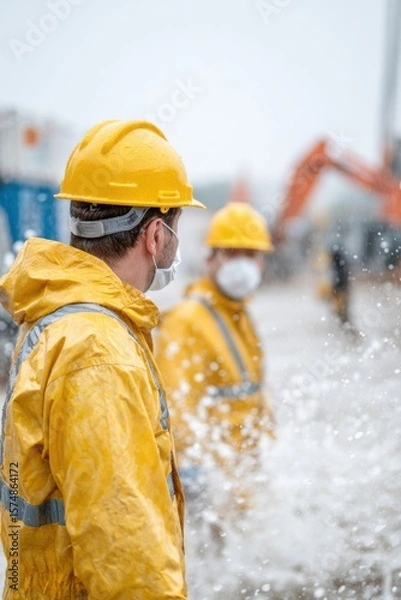 Obraz Construction workers wearing masks and protective gear during a flood