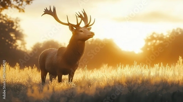 Obraz Majestic deer with antlers in frosty meadows bathed in golden dawn sunlight.