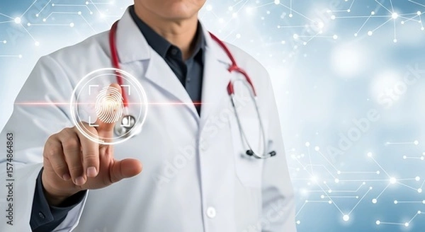 Fototapeta Doctor Touching Digital Fingerprint for Advanced Medical Identification and Secure Health Data Access