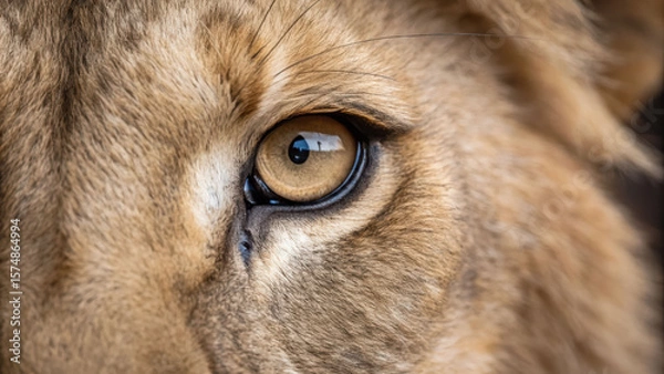 Fototapeta Lion eye closeup with detailed fur texture showing strength and focus like mouse watching quietly in nature