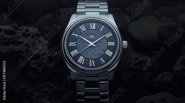 Obraz Chopard stainless steel watch with Roman numerals and polished bezel on dark rocky background.