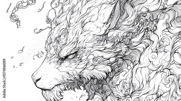 Fototapeta Intricate line drawing of a majestic wolf's head, adorned with swirling, cloud-like patterns.