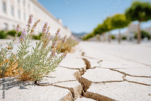 Obraz Lavender growing from cracks in a pavement during a heatwave