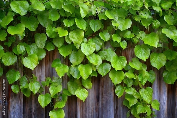 Fototapeta Lush green foliage cascades down a weathered wooden fence creating a natural display