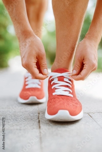 Obraz Athlete tying shoelaces on red running shoes before workout