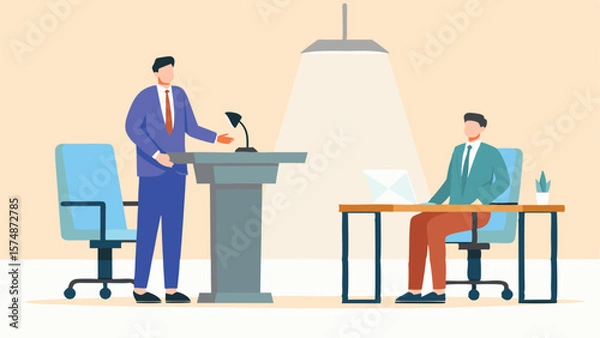 Fototapeta Man giving a presentation at a podium with another man sitting at a desk in a well lit room space
