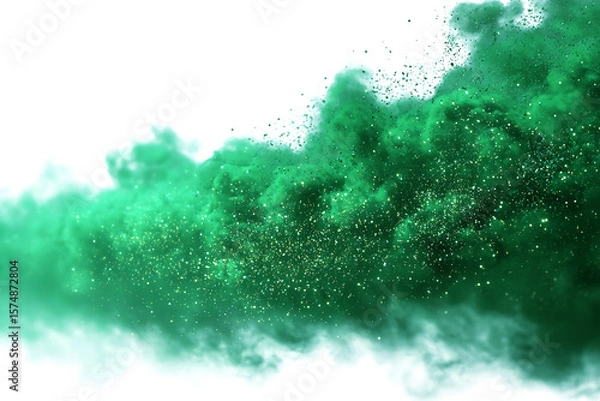 Fototapeta Abstract green smoke and glitter explosion creating a magical atmosphere on white