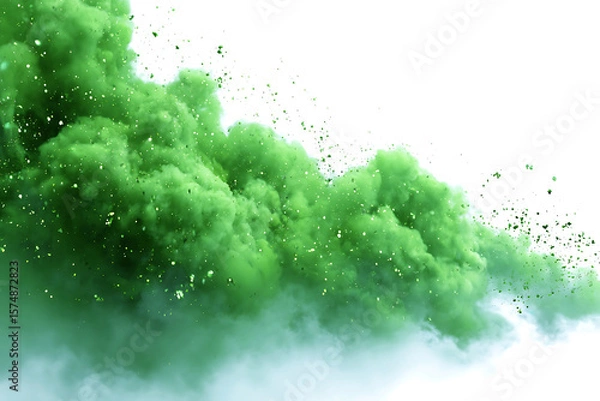 Fototapeta Explosion of Vibrant Green Powder with Glittering Particles on a White Background