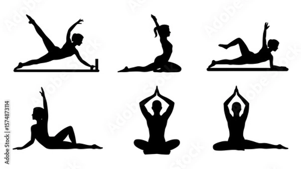 Fototapeta Vector art of diverse group of people performing various yoga and pilates poses in silhouette