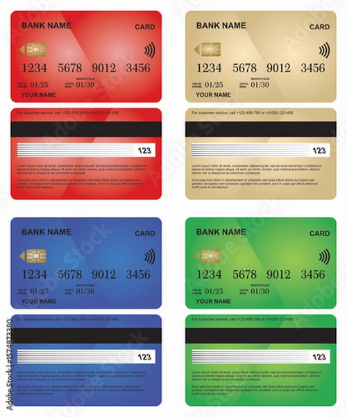 Fototapeta Realistic Bank Card Set in Red, Gold, Blue, and Green Colors – Front and Back Views for Business, Finance, Transactions, and Mobile Payments