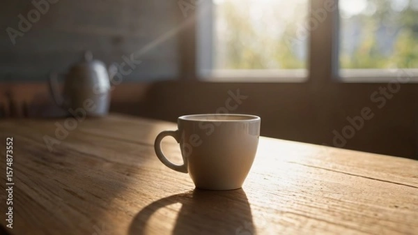 Fototapeta Minimalist Coffee Cup with Sunlight and Copy Space