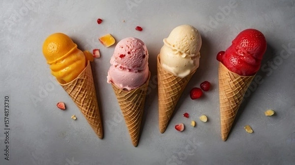Fototapeta Modern Fruit Ice Creams on Gray Background with Copy Space