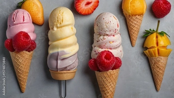 Fototapeta Modern Fruit Ice Creams on Gray Background with Copy Space