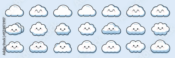 Fototapeta Fluffy cloud icons in line and filled style with smiley faces on blue sky
