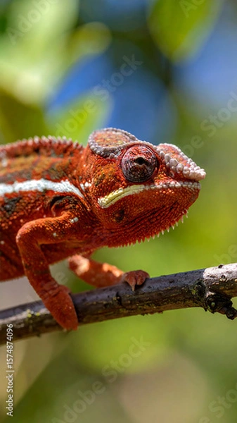 Fototapeta Vibrant orange chameleon clinging to a branch with lush green foliage in the sunny background shows its unique adaptation.