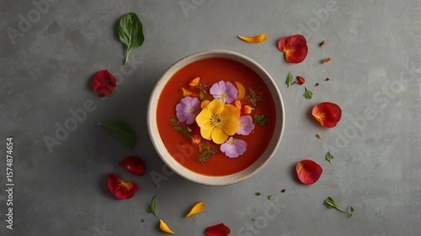 Fototapeta Tomato Soup with Edible Flower Petals on Minimalist Background and Copy Space