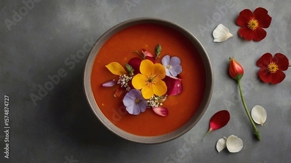Fototapeta Tomato Soup with Edible Flower Petals on Minimalist Background and Copy Space