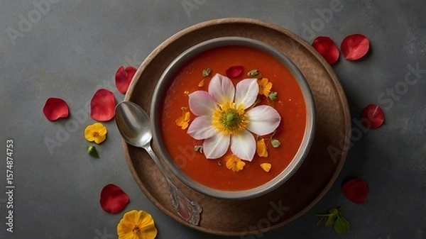 Fototapeta Tomato Soup with Edible Flower Petals on Minimalist Background and Copy Space
