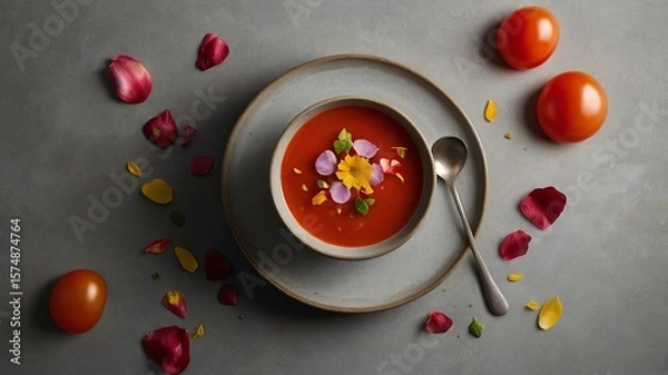 Fototapeta Tomato Soup with Edible Flower Petals on Minimalist Background and Copy Space