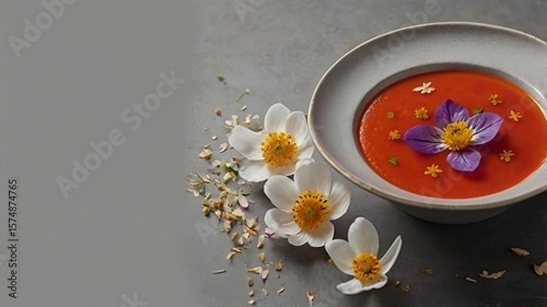 Fototapeta Tomato Soup with Edible Flower Petals on Minimalist Background and Copy Space