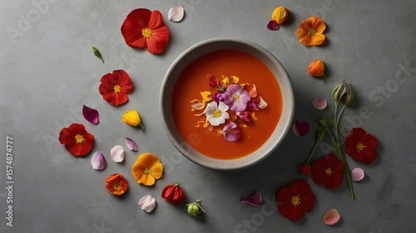 Fototapeta Tomato Soup with Edible Flower Petals on Minimalist Background and Copy Space