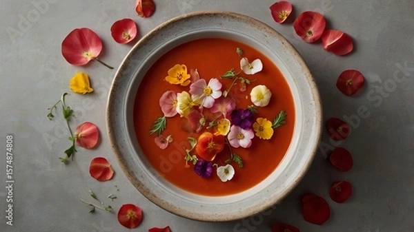 Fototapeta Tomato Soup with Edible Flower Petals on Minimalist Background and Copy Space