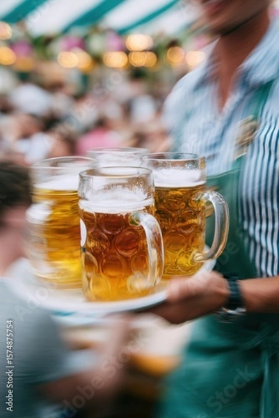 Obraz Waiter carrying a tray filled with large beer mugs, surrounded by a lively crowd enjoying festivities, capturing the vibrant atmosphere of a traditional celebration