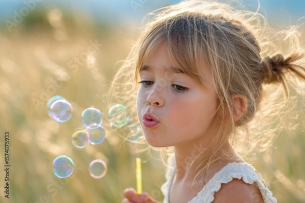 Obraz Little girl blowing soap bubbles in a field at sunset