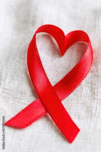 Obraz Red ribbon forming heart shape lying on white cloth background
