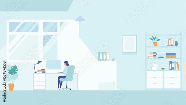 Fototapeta Person working at a desk in a bright room with a window and a bookshelf in the background scene here