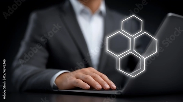 Obraz AI automation and API automation. Data transfer through system integration. Intelligent process automation technology solutions. Businessman using laptop computer for managing automation