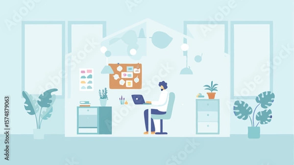 Fototapeta Illustration of a person working on a laptop in a bright room with plants and furniture items