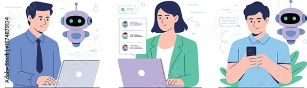 Fototapeta Three people using laptops and a phone with robots assisting in a white background scene


