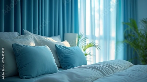 Fototapeta Close-up view of a serene and calming bedroom interior with soft neutral tones
