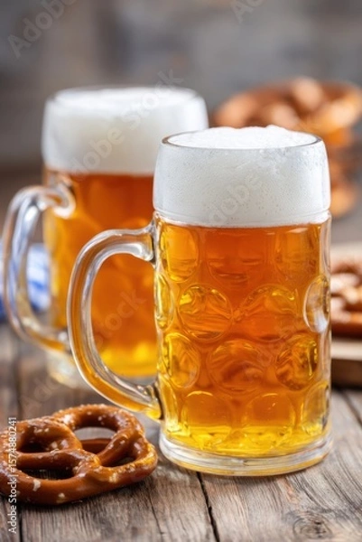 Obraz Refreshing golden beer served in traditional glass mugs alongside crispy pretzels on rustic wooden table, capturing the festive spirit of celebration and camaraderie