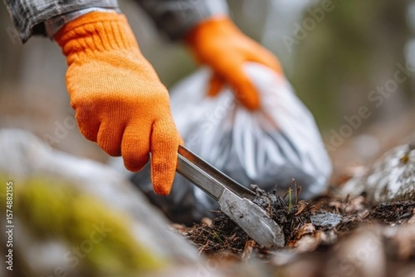 Obraz Individual wearing orange gloves collects litter with tongs, placing waste into a black bag, surrounded by natural scenery, promoting environmental awareness and community involvement