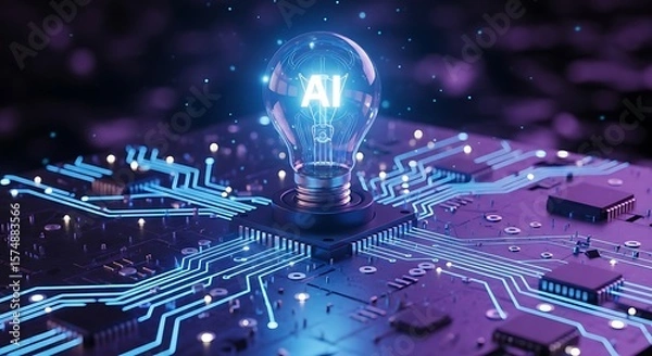 Obraz Artificial intelligence lightbulb on a circuit board concept