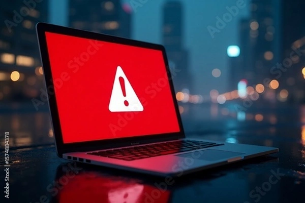Fototapeta Laptop screen shows a warning sign, symbolizing global tech outages and system hacks.

