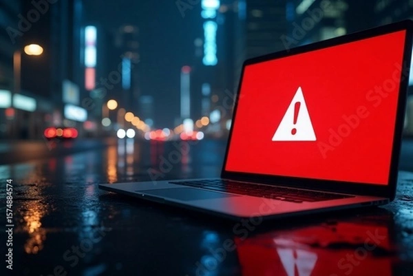 Fototapeta Laptop screen shows a warning sign, symbolizing global tech outages and system hacks.

