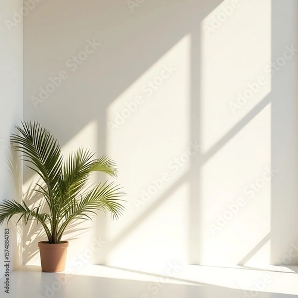 Fototapeta Minimalist corner with a potted palm tree and sunlit shadows