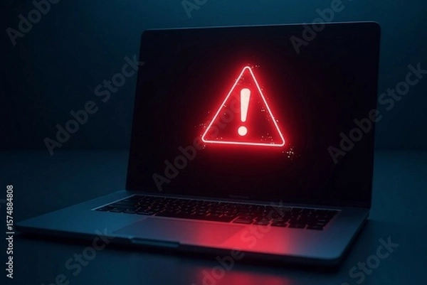 Fototapeta Laptop screen shows a warning sign, symbolizing global tech outages and system hacks.

