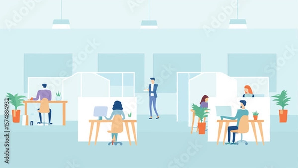 Fototapeta Illustration of a modern office space with employees working at their desks and one standing with coffee
