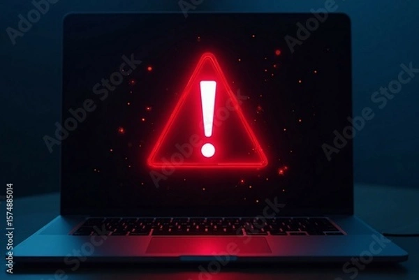 Fototapeta Laptop screen shows a warning sign, symbolizing global tech outages and system hacks.


