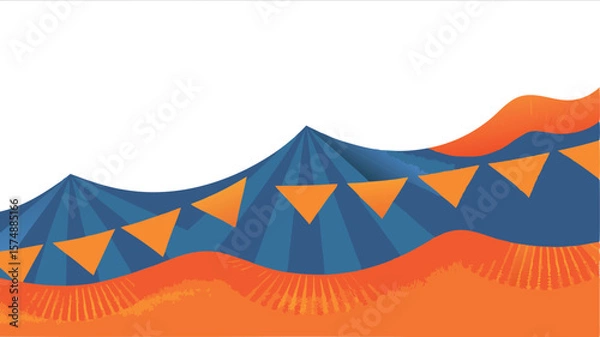 Fototapeta Illustration of a blue and orange circus tent with triangular flags and decorative fringe design element