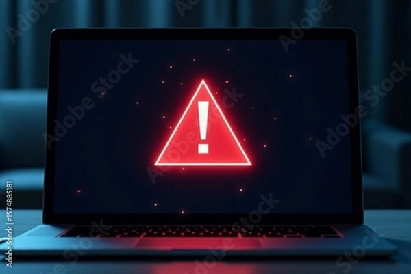 Fototapeta Laptop screen shows a warning sign, symbolizing global tech outages and system hacks.

