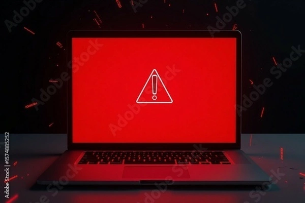 Fototapeta Laptop screen shows a warning sign, symbolizing global tech outages and system hacks.

