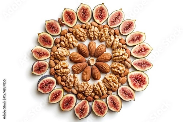 Fototapeta Figs, walnuts and almonds arranged in a circular pattern against a clean white background create a nutritious snack