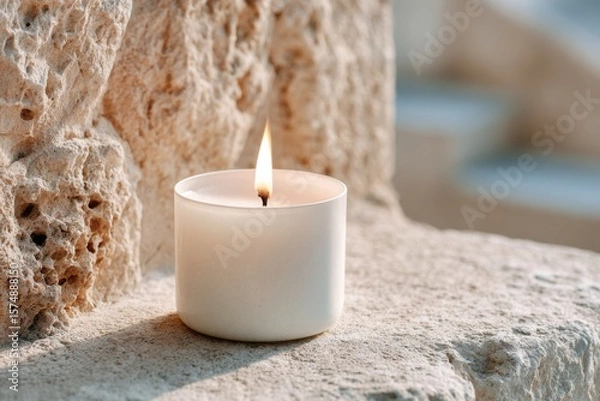 Obraz White candle with a gentle flame placed on a textured stone surface, creating a serene atmosphere, ideal for relaxation and mindfulness practices in tranquil settings