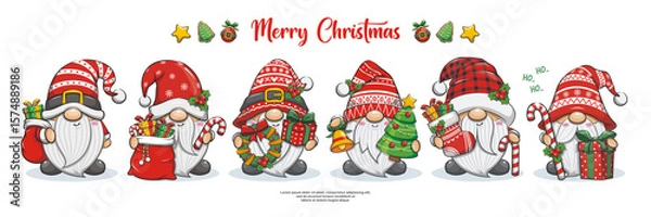 Obraz Merry Christmas With Cute Gnome Santa Claus And Friend On Banner Design, Set Vector Cartoon Illustration