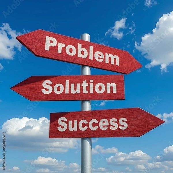 Fototapeta Red Directional Signs Pointing to Problem, Solution, and Success Against a Blue Sky